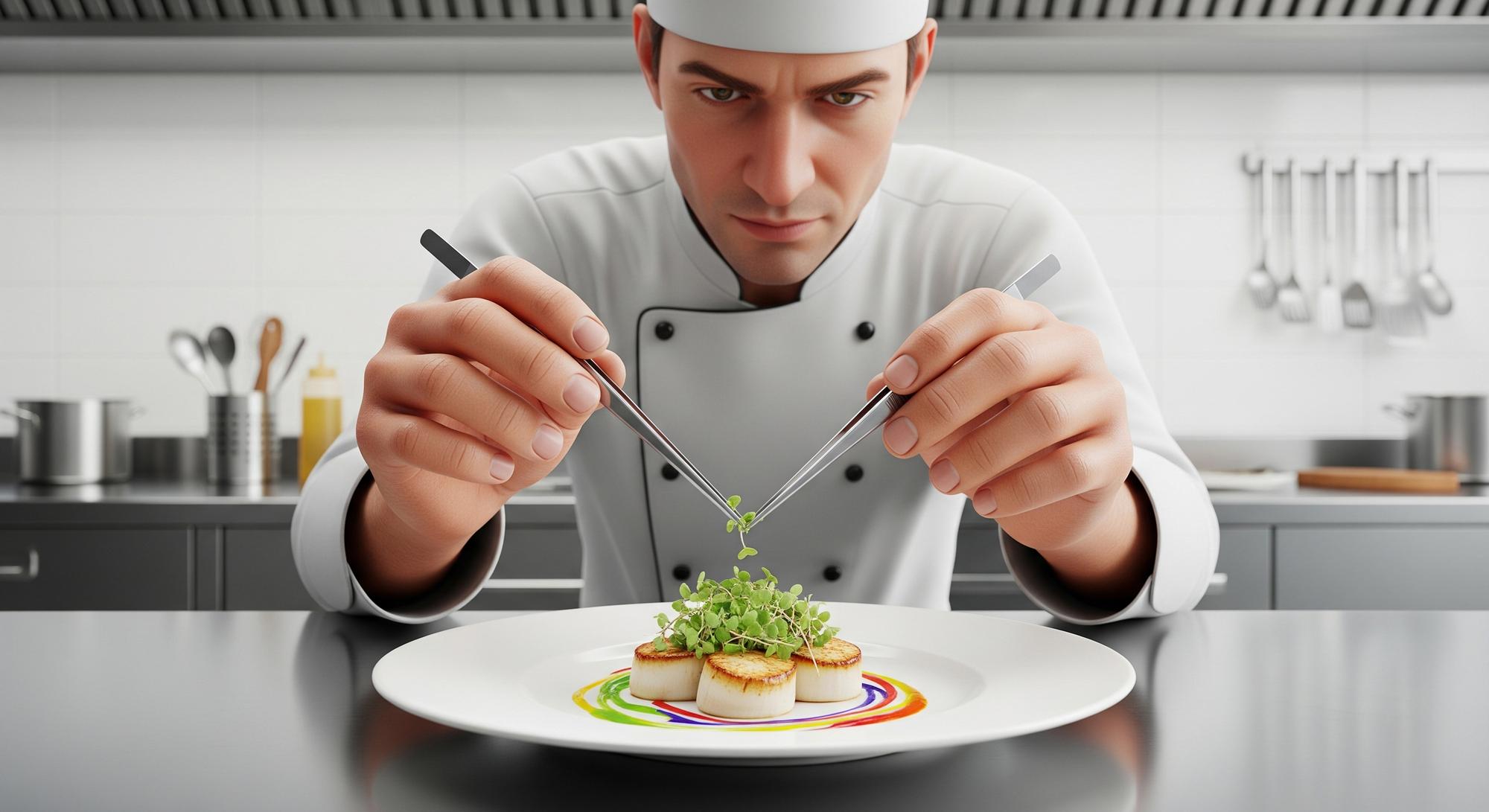 Instructor demonstrating plated dish in studio kitchen